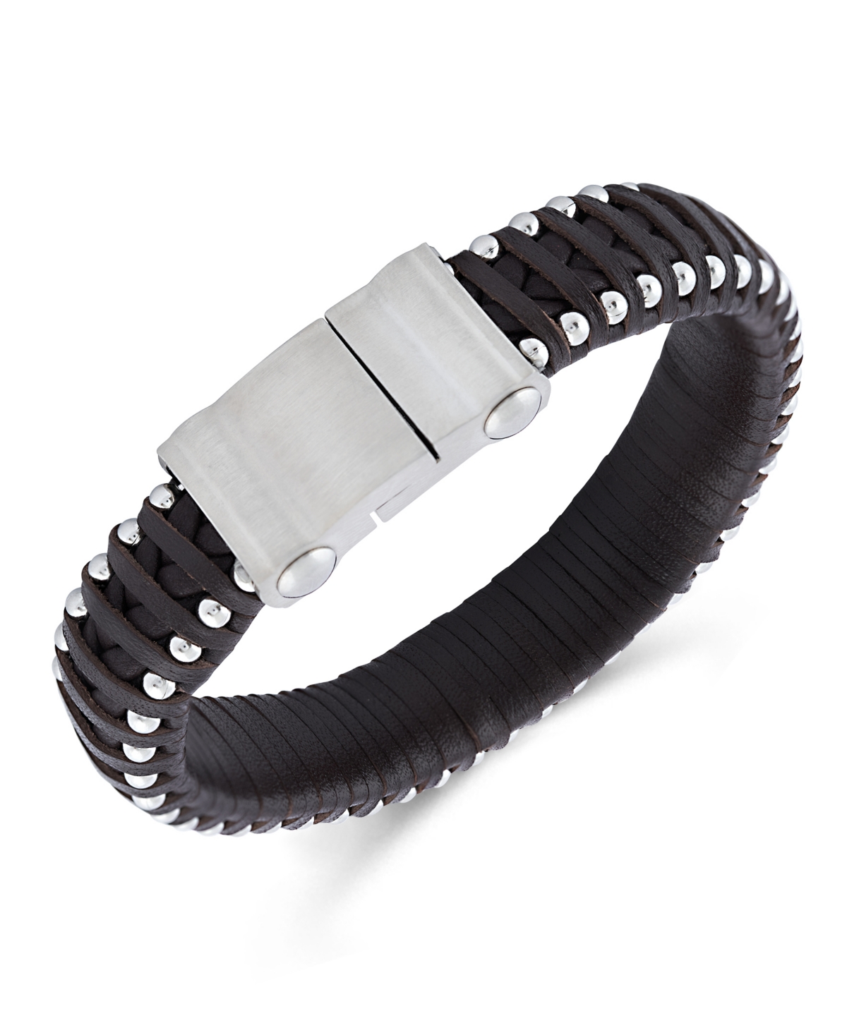Silver Stainless Steel Contemporary Leather Studded Bracelet - Silver