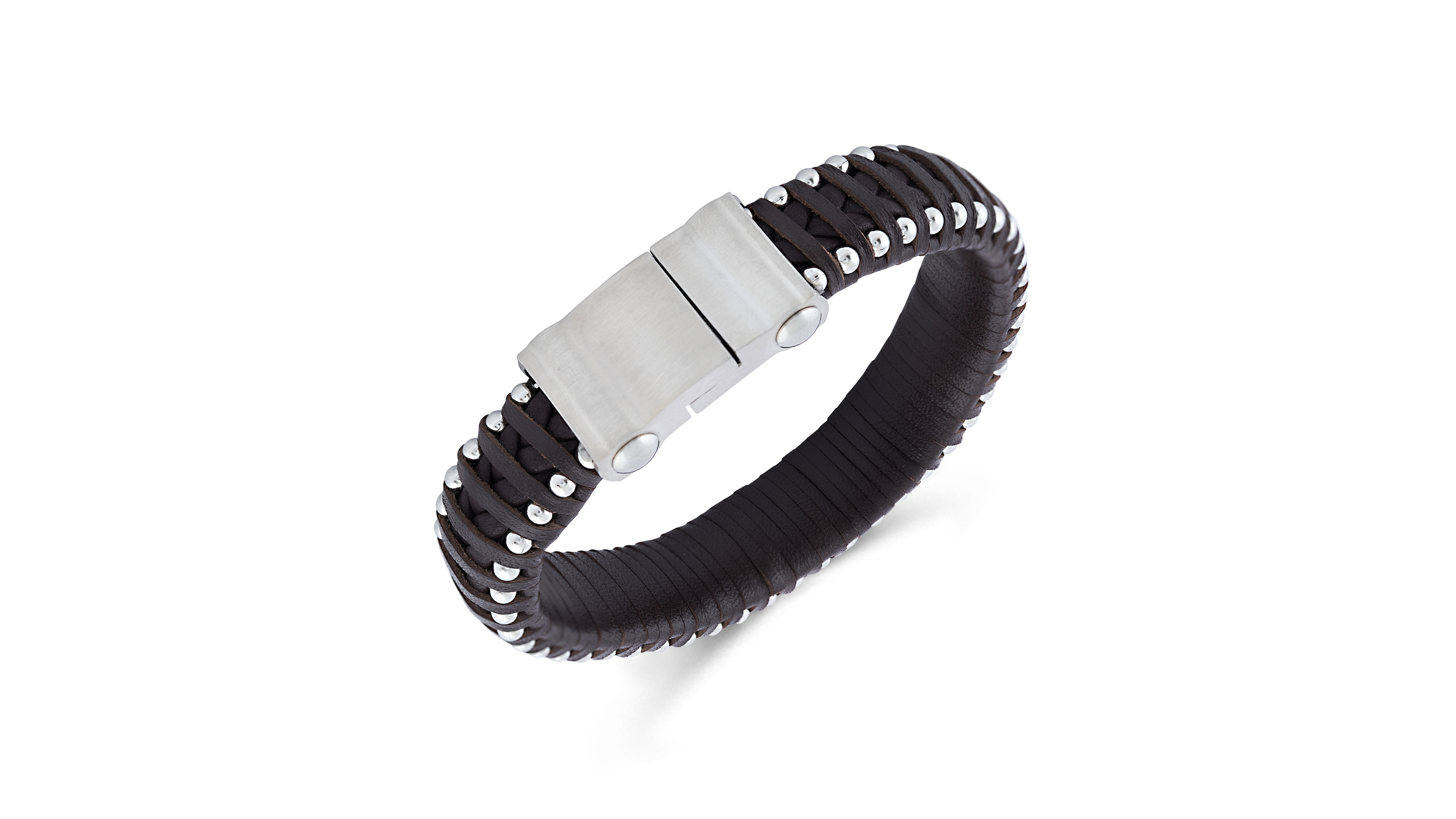 Rhona Sutton Silver Stainless Steel Contemporary Leather Studded Bracelet