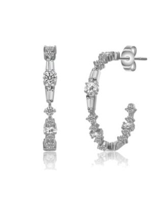 Sterling Silver Cubic Zirconia C-Hoop Earrings in White Gold Plated or 14K Gold Plated