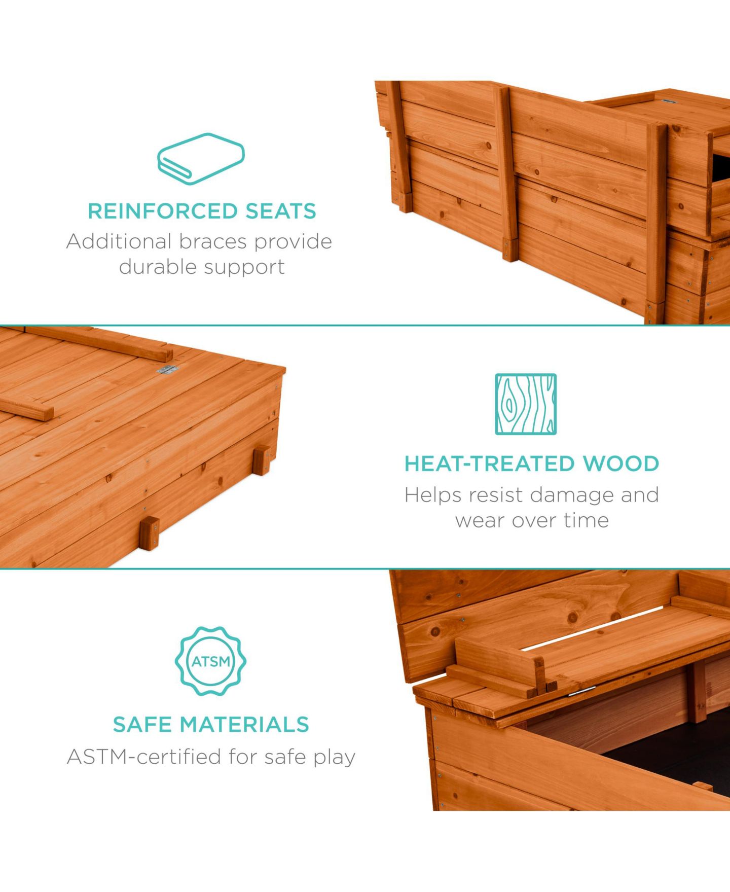 Детская игрушка Best Choice Products 47" x 47" Cedar Sandbox with 2 Foldable Bench Seats, Seats Up to 4, Ages 3-10, цвет: Коричневый — фото 4