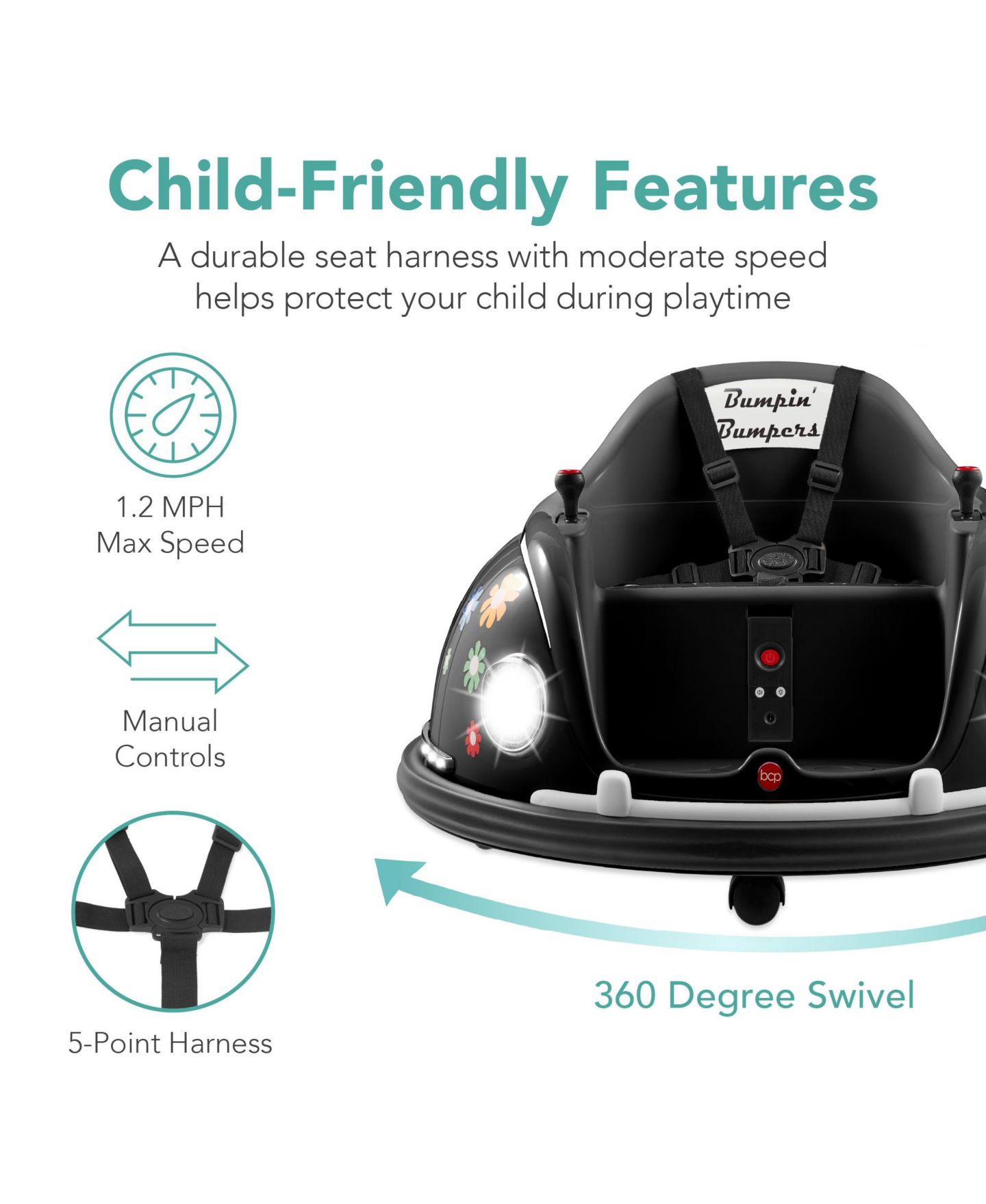 Детская игрушка Best Choice Products SKY7128 Remote Control 360-Degree Spin Ride-On Bumper Car, 66 lbs., Ages 1.5–6, цвет: Чёрный — фото 4