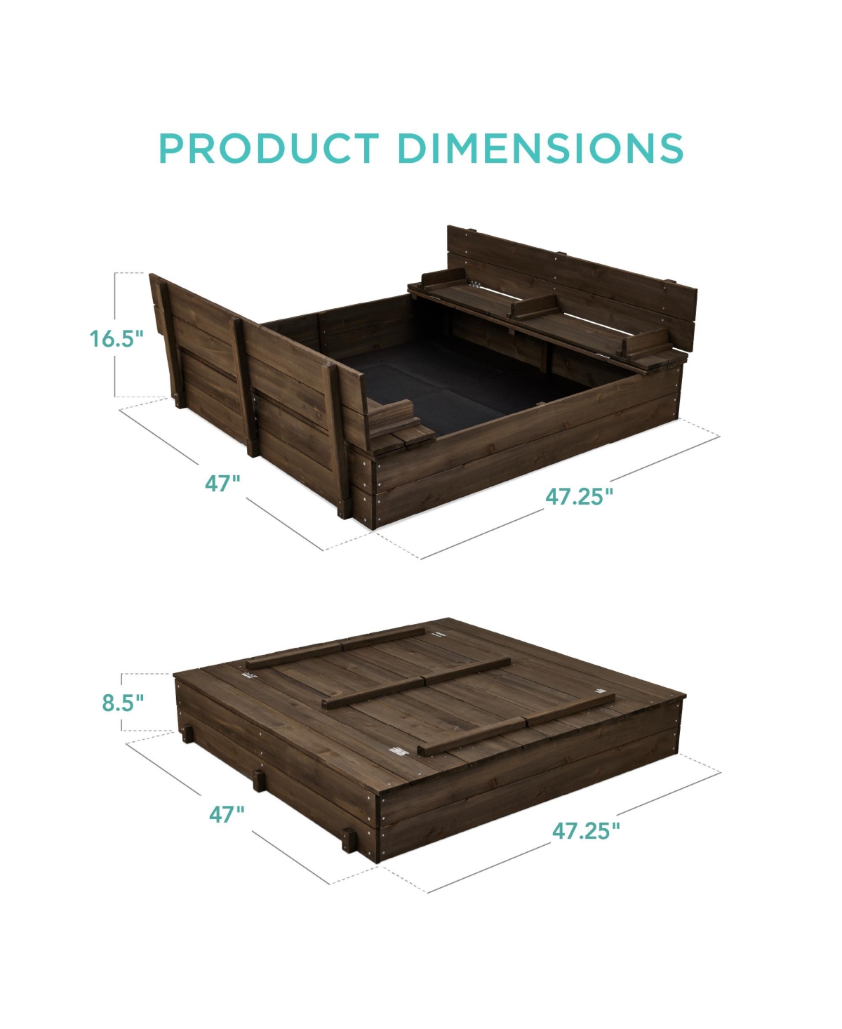 Best Choice Products 47x47-Inch Kids Wooden Outdoor Sandbox w/ 2 Foldable Bench Seats, Sand Protection, Liner
