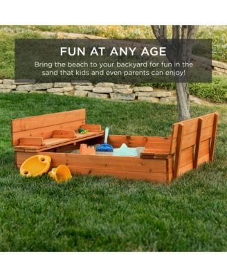 47x47-Inch Kids Wooden Outdoor Sandbox w/ 2 Foldable Bench Seats, Sand Protection, Liner