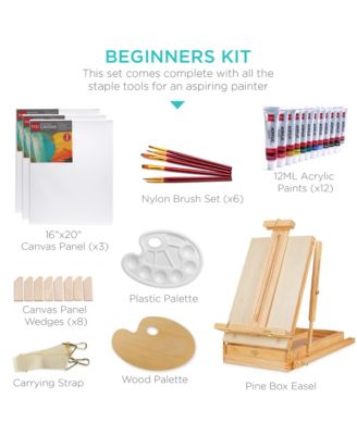French Easel, 32pc Beginners Kit Portable Wooden Adjustable Tripod  w/ Paint Supplies