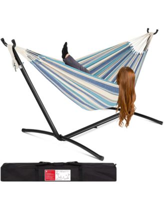 2-Person Brazilian-Style Cotton Double Hammock with Stand Set w/ Carrying Bag