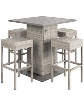 5-Piece Patio Wicker Bar Set w/ Built-In Bottle Opener, Hidden Storage Shelf, 4 Stools
