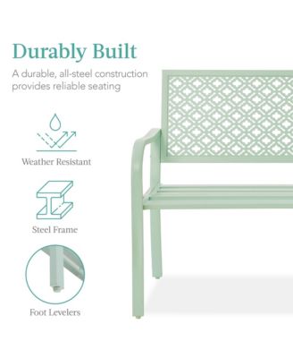Indoor Outdoor Steel Garden Bench w/ Geometric Backrest, Foot Levelers