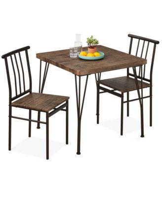 3-Piece Indoor Metal Wood Square Dining Table, Furniture Set w/ 2 Chairs