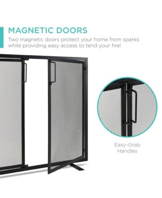 38.5x31in 2-Door Fireplace Screen, Handcrafted Wrought Iron Spark Guard w/ Magnetic Doors