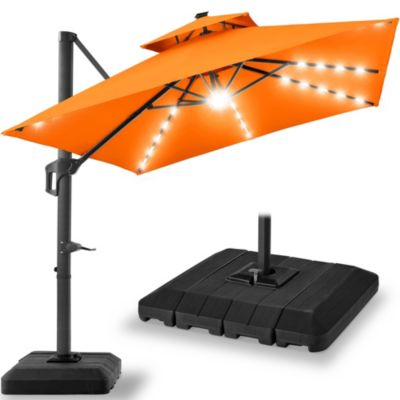 10x10ft 2-Tier Square Outdoor Solar LED Cantilever Patio Umbrella w/ Base Included