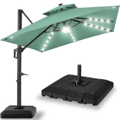 10x10ft 2-Tier Square Outdoor Solar LED Cantilever Patio Umbrella w/ Base Included