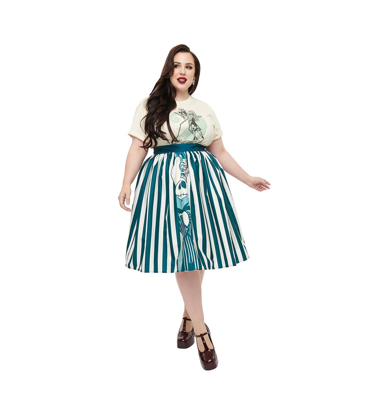 Unique Vintage Plus Size Printed Woven Gellar Swing Skirt -white stripes