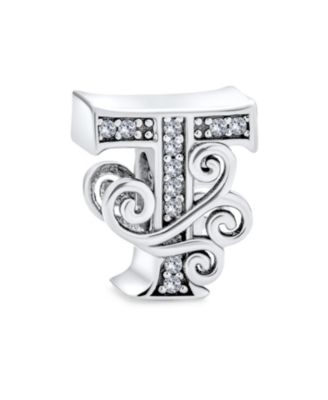 Initial Alphabet Bead Charm Fancy Scroll CZ Sparkle Block Letter A-Z for Bracelet