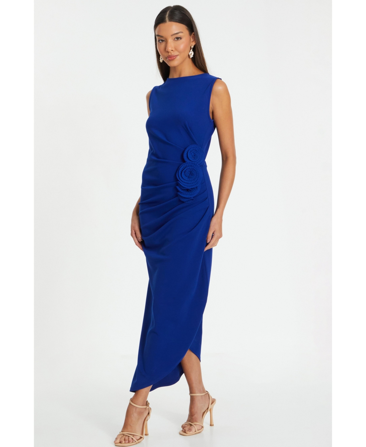 Quiz Women's Scuba Crepe Round Neck Maxi Dress with Corsage Detail