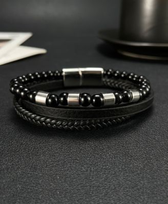 Black Leather Beaded Stainless Steel Bracelet