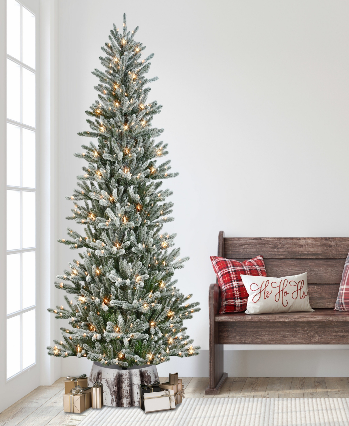 Puleo 7.5" Pre-lit Flocked Franklin Fir Artificial Christmas Tree With Matching Skirt In Green