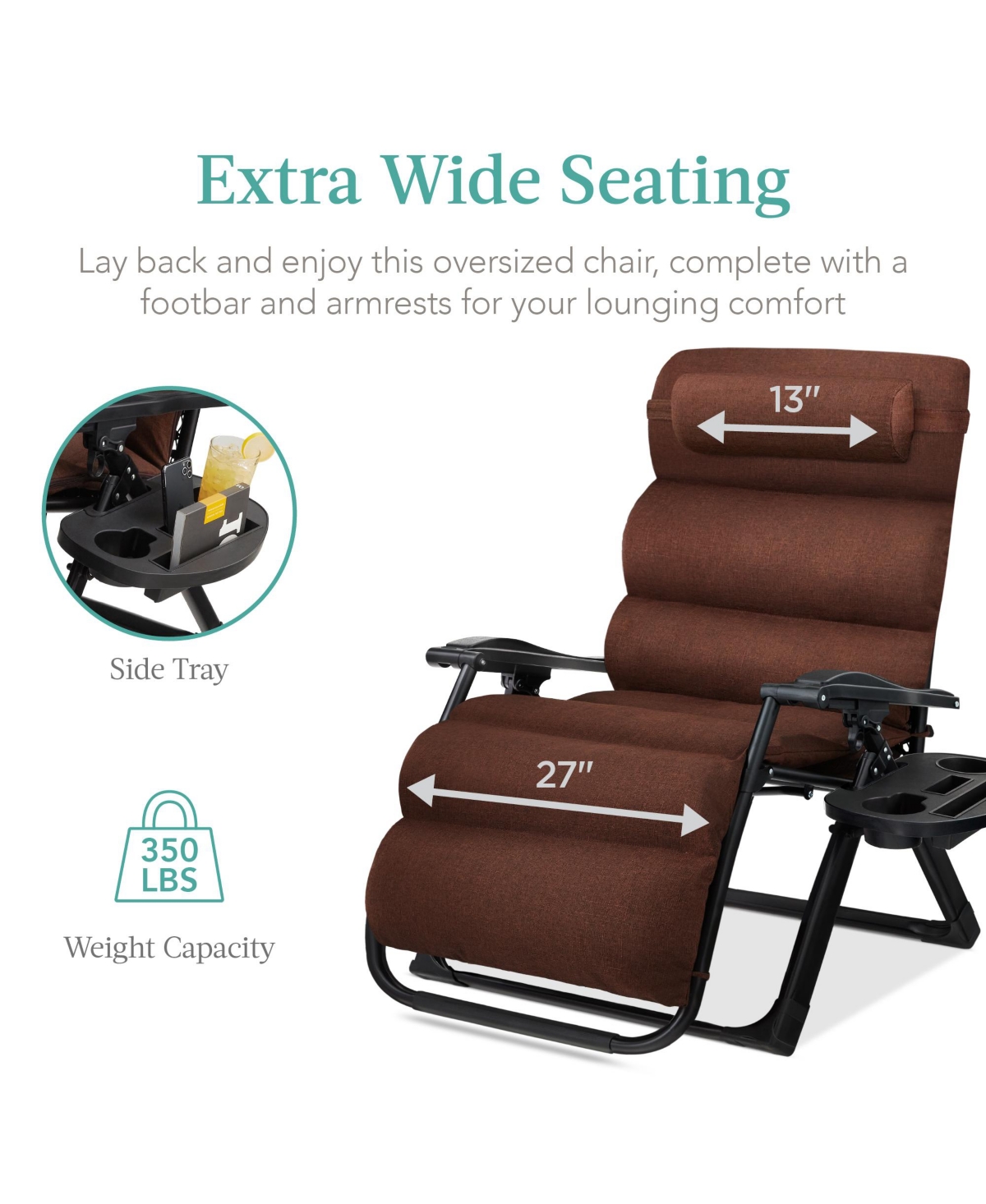 Best Choice Products Zero Gravity Chair, Folding Recliner w/ Removable Cushion, Side Tray