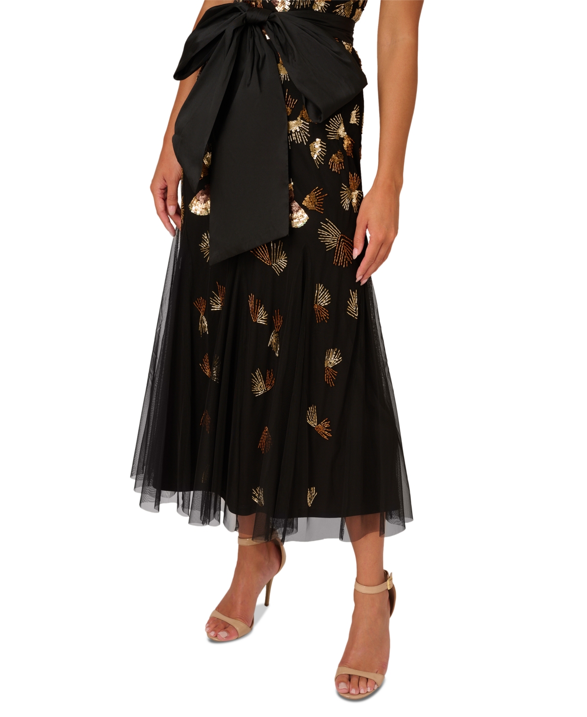 Adrianna Papell Women's Beaded Mesh Sleeveless Godet Gown -Gold