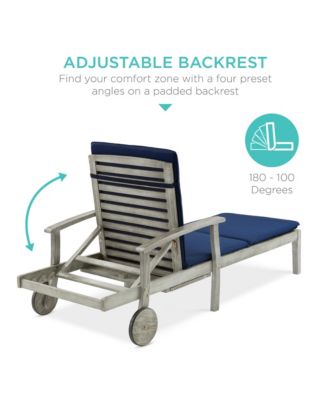 79x26in Acacia Wood Outdoor Chaise Lounge Chair w/ Adjustable Backrest, Table, Wheels