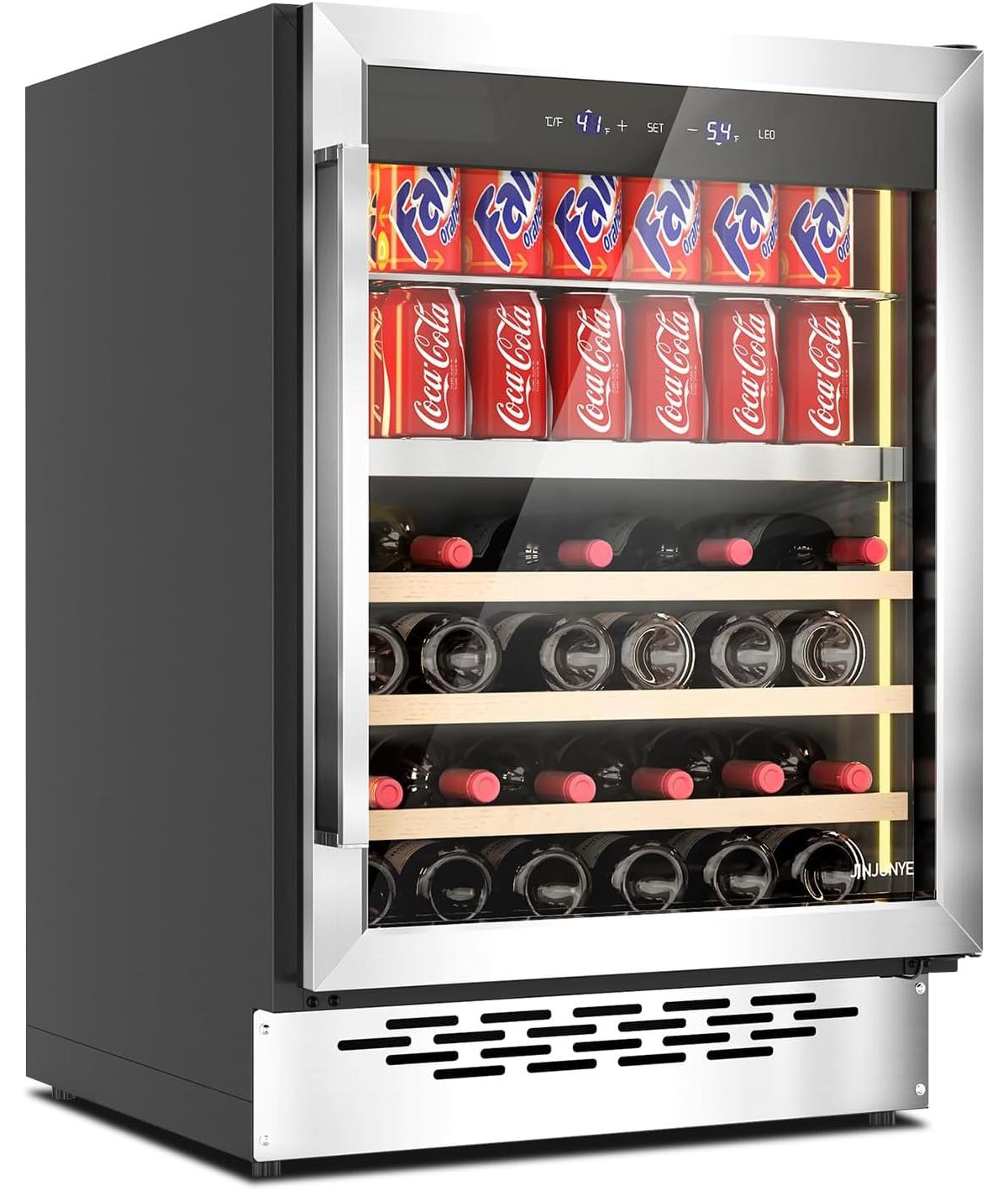 Jinjunye Wine Cooler, Dual Zone Wine and Beverage Refrigerator, 84Can+28Bottle, Temp Control, Built-in or Freestanding Wine Fridge for Red, Whi