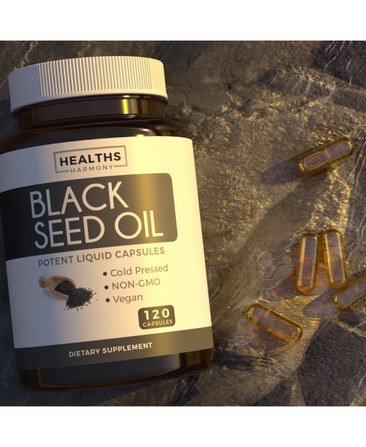 Healths Harmony Black Seed Oil - Skin Health non-gmo Premium Cold-Pressed Nigella Sativa Producing Pure Black Cumin Seed Oil with Vitamin E - 500mg Ea