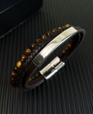 Black Tigers Eye Plated Leather Stainless Steel Bracelet