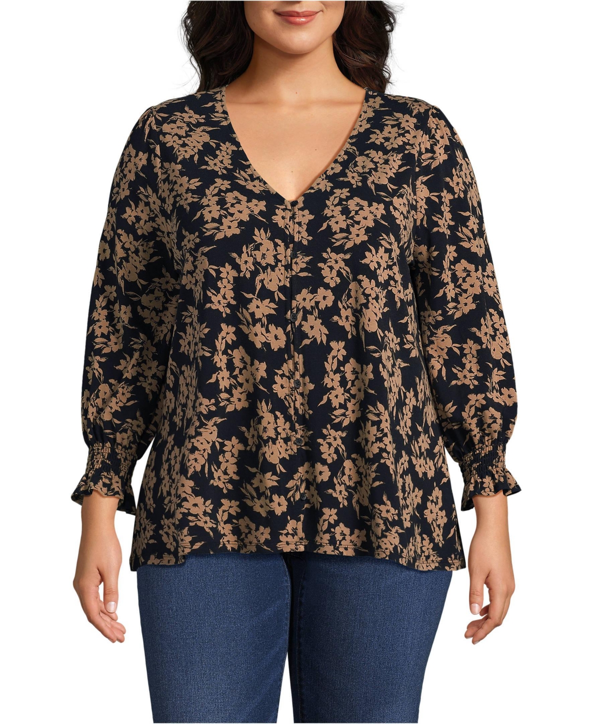 Lands' End Plus Size 3/4 Sleeve Lightweight Jersey Button Front Top