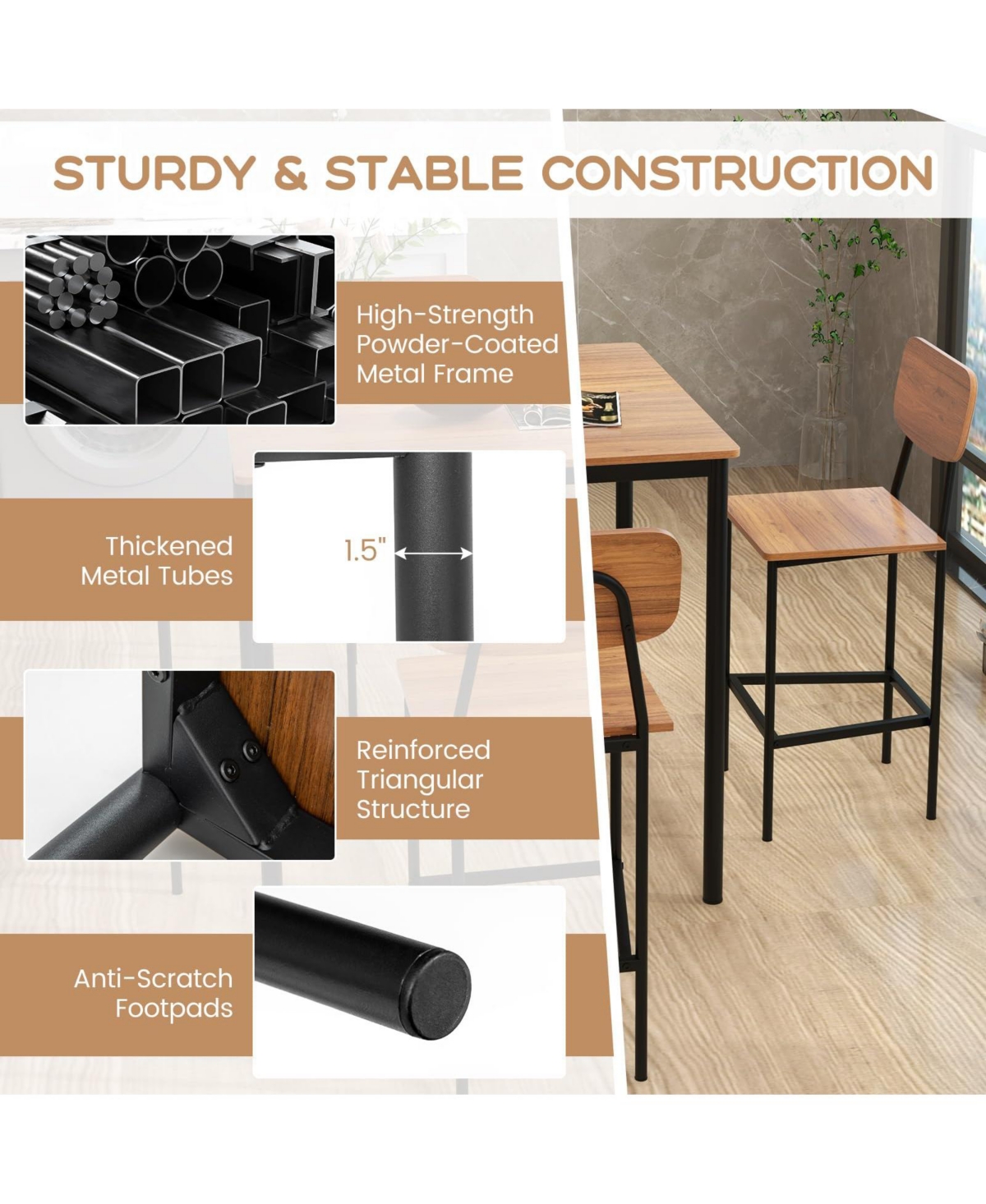 5-Piece Industrial Dining Table Set with Counter Height and 4 Bar Stools-Walnut