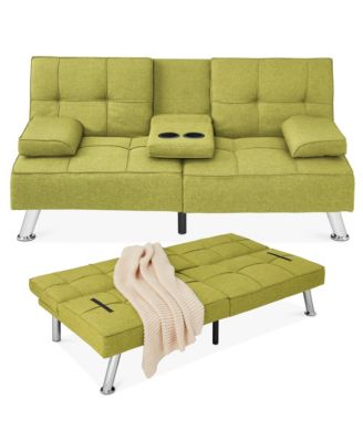 Modern Linen Convertible Futon Sofa Bed w/ Removable Armrests, Metal Legs, Cupholders