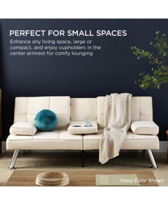 Modern Linen Convertible Futon Sofa Bed w/ Removable Armrests, Metal Legs, Cupholders