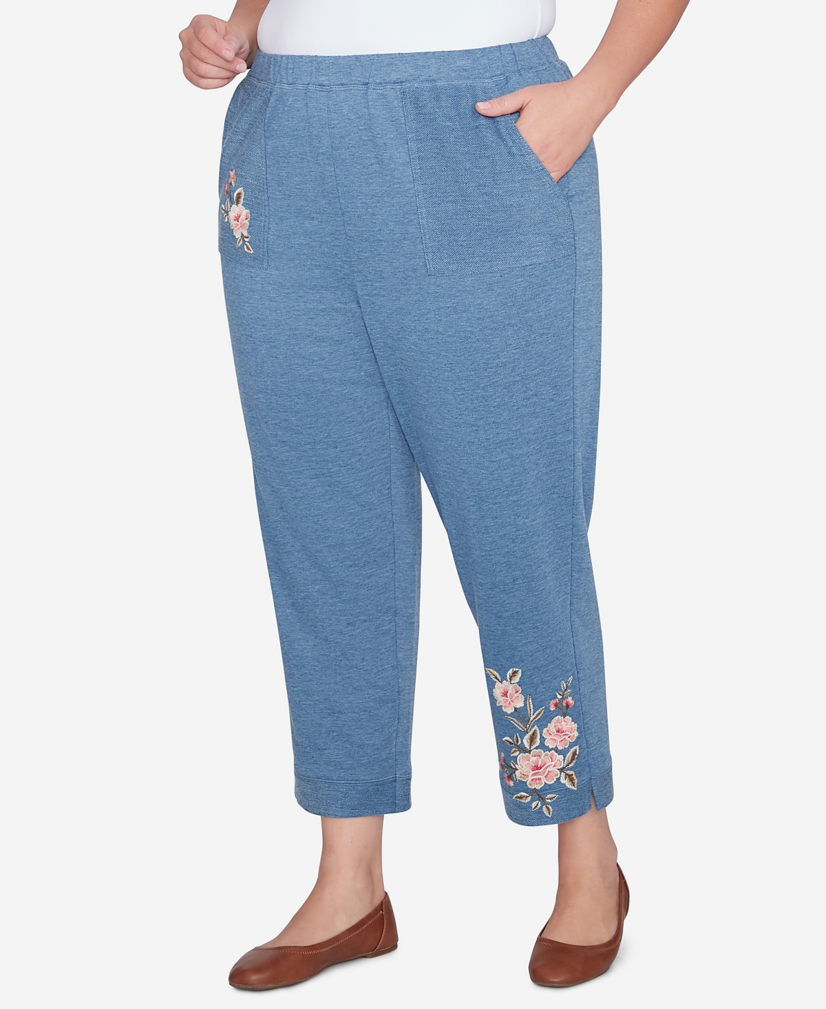 Alfred Dunner Plus Size Casual Fridays French Terry Knit Casual Floral Embroidered Ankle Pants