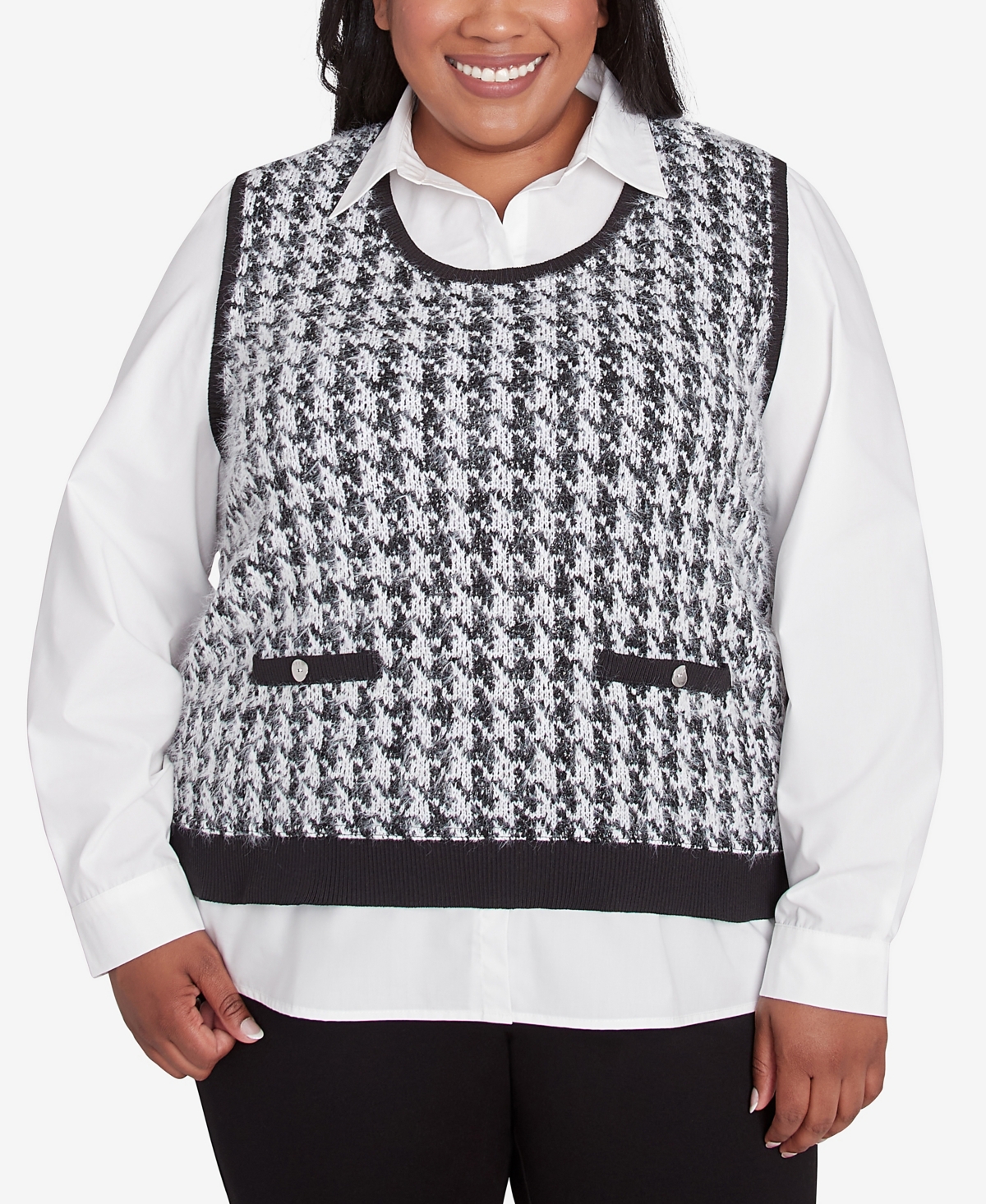Alfred Dunner Plus Size Runway Ready Houndstooth Two In One Collared Sweater In Multi Black