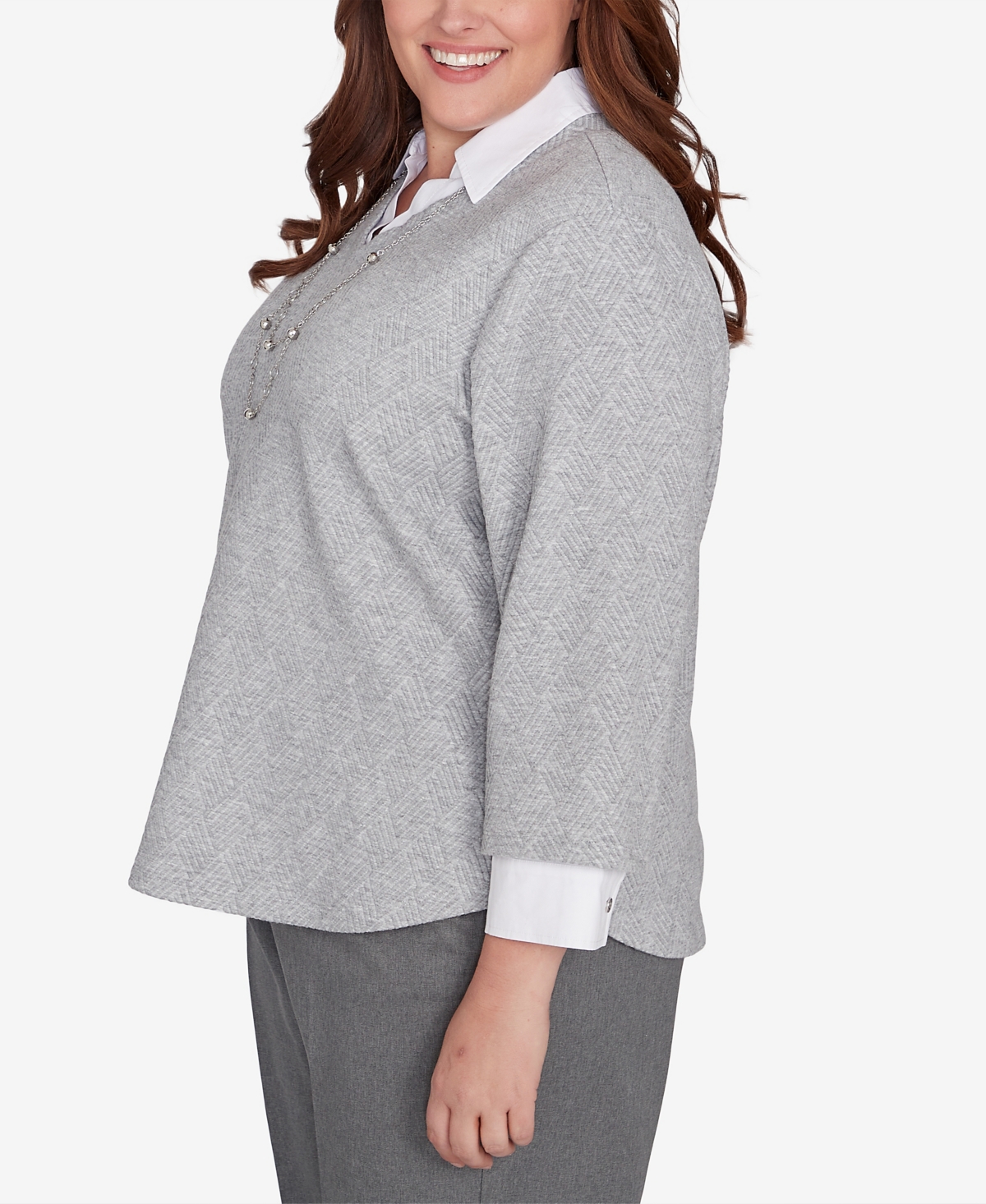 Alfred Dunner Plus Size Copenhagen Soft Collared Two In One Top With Necklace In Pewter