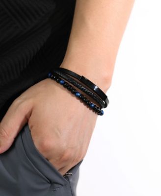 Blue Beaded Identification Leather Stainless Steel Bracelet