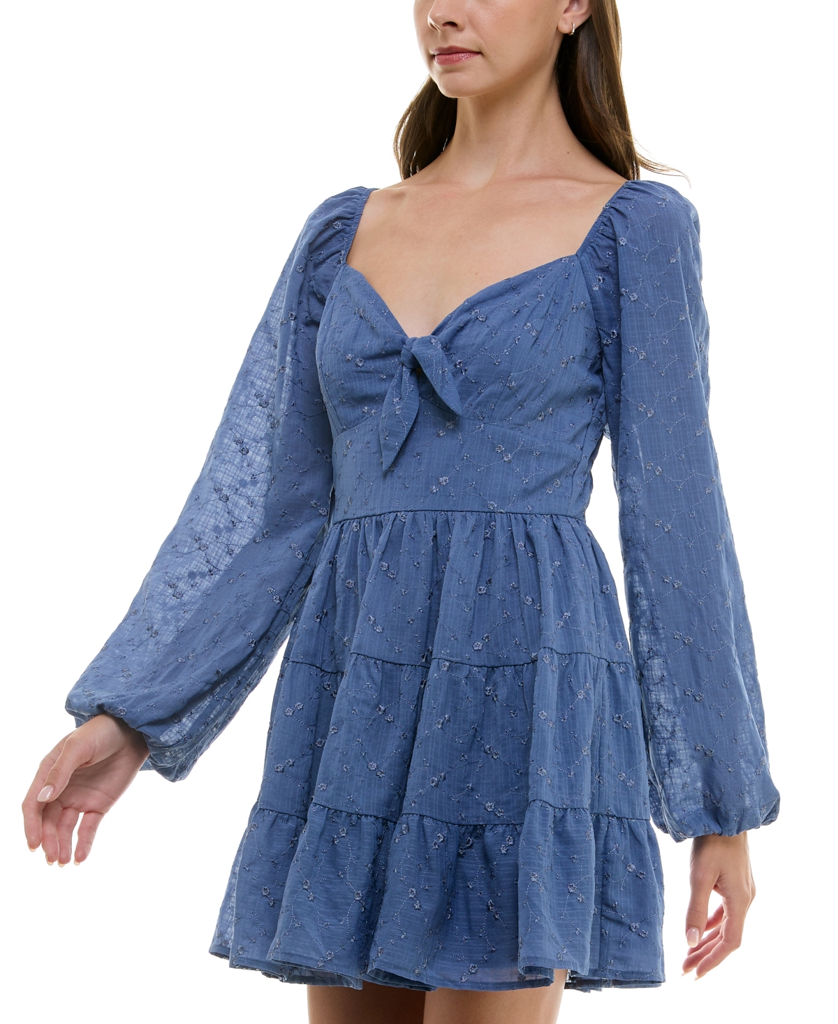 Trixxi Juniors' Embroidered Knot-Front Tiered Dress