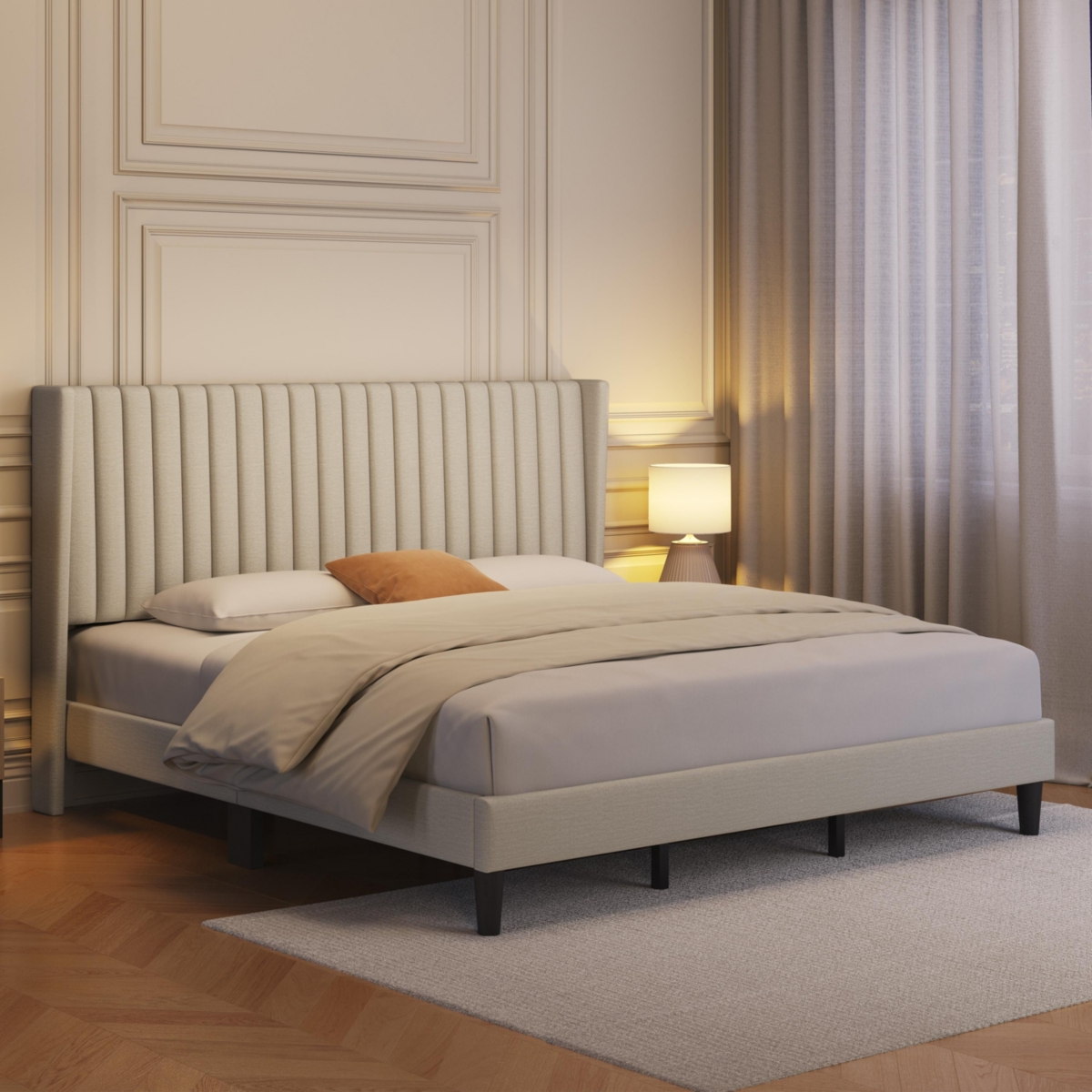 Yaheetech Upholstered Bed Frame with Wing Side, Platform Bed Frame with Channel Headboard, Mattress Foundation with Wood Slat Support,- Be