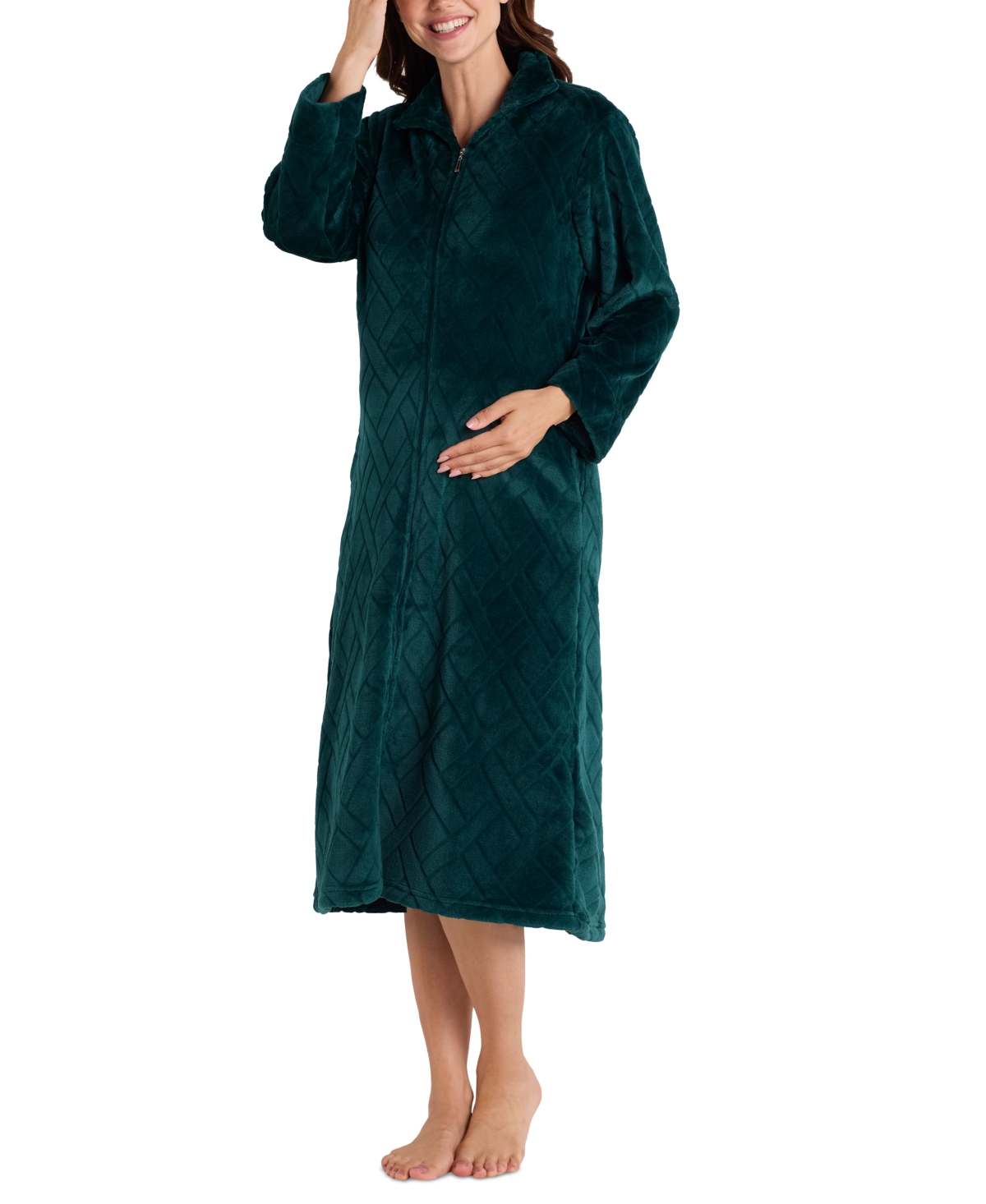 Women's Long Zip-Front Fleece Robe - Deep Emerald