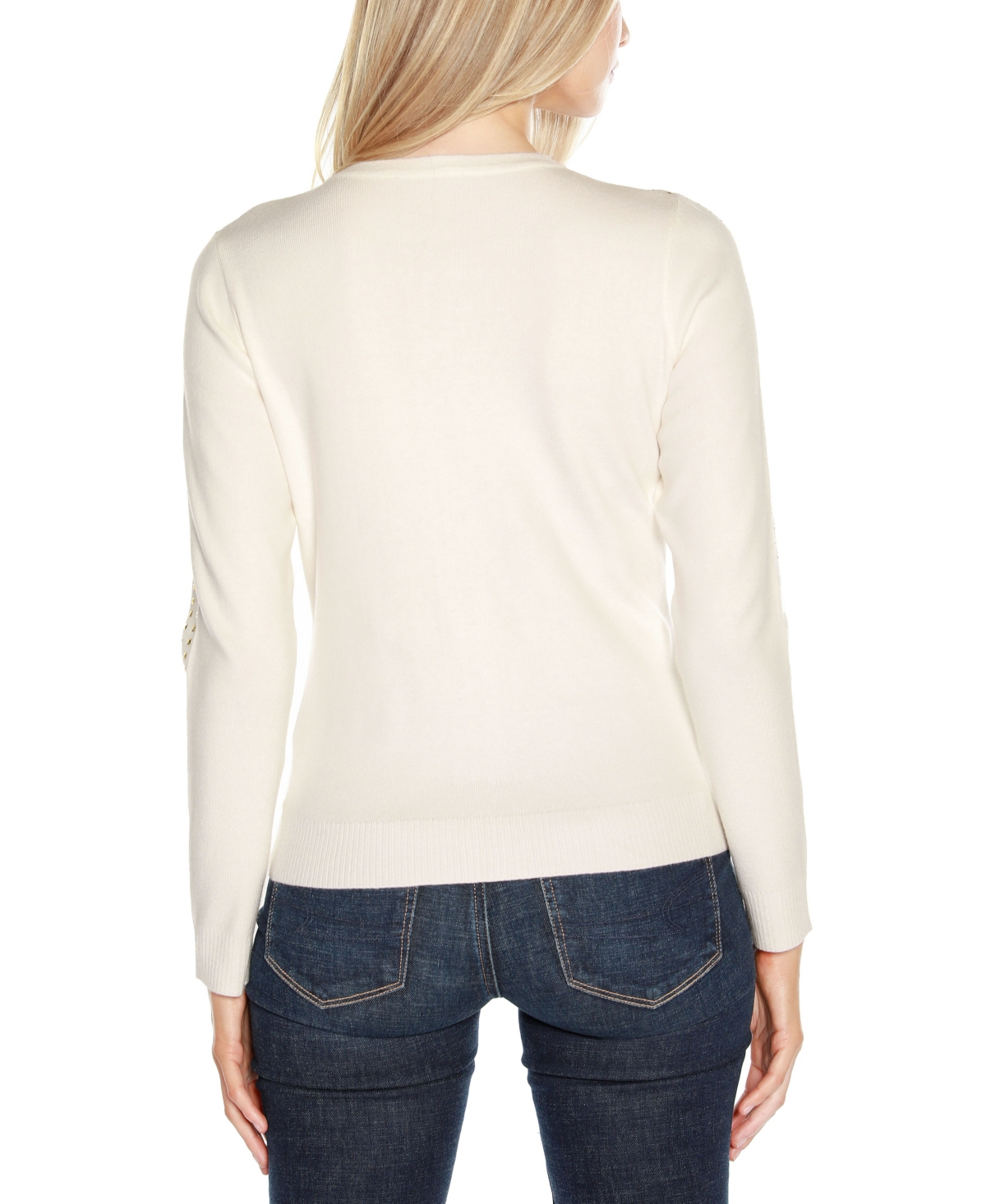 Belldini Women's Black Label Crewneck Embellished Zip Cardigan Sweater -Gold
