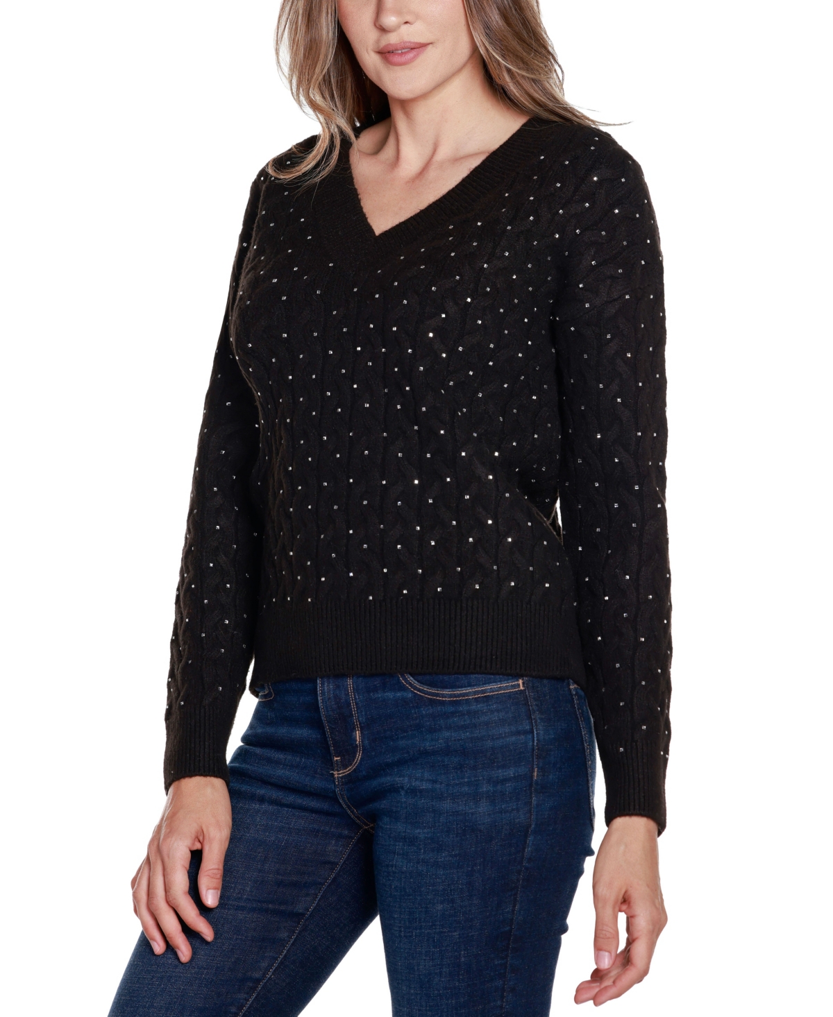 Belldini Women'sLabel Embellished Cabled V-Neck Sweater - Black