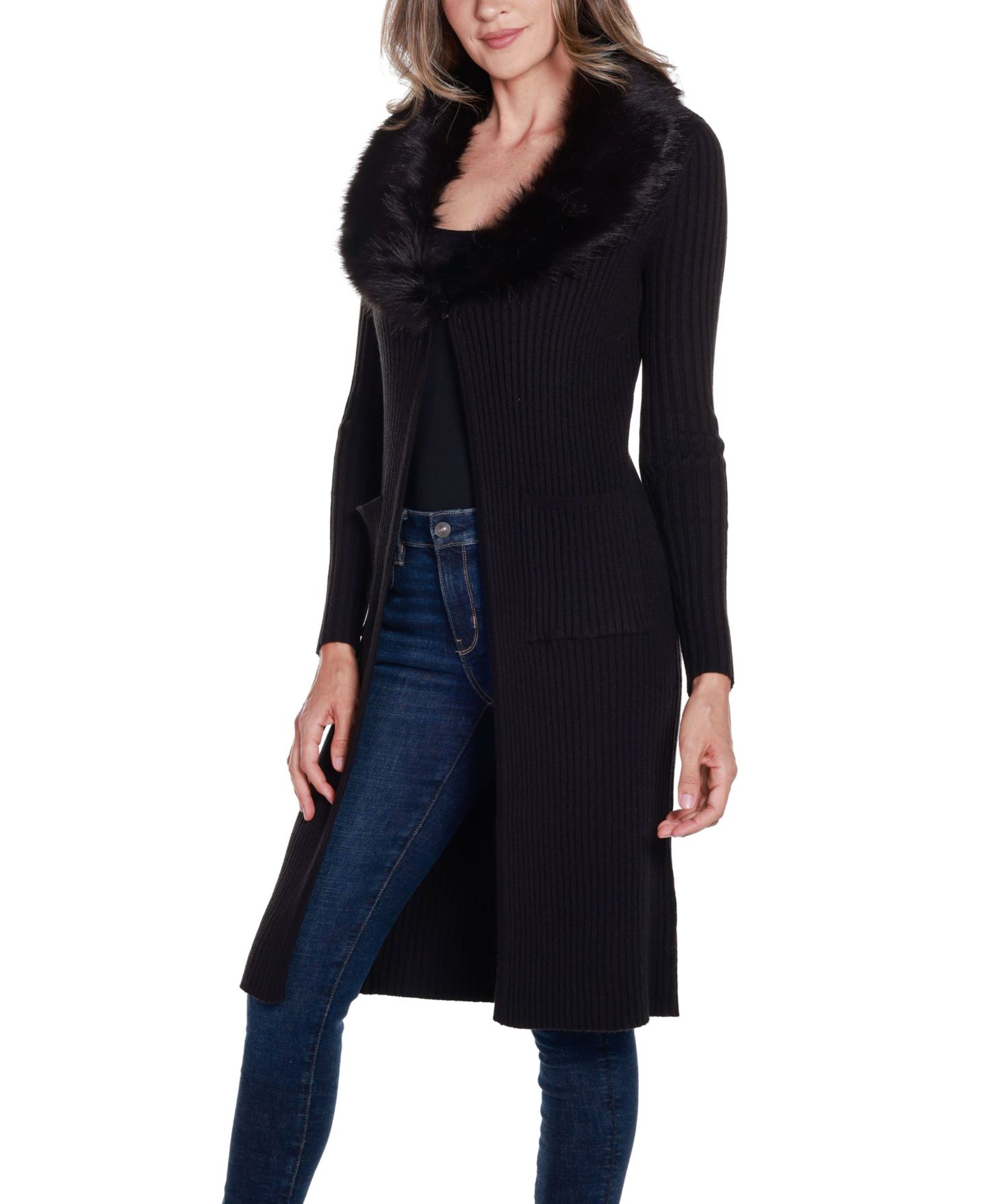 Женский кардиган Belldini Black Label Ribbed Faux-Fur Collar Duster Cardigan, цвет: Чёрный — фото 2