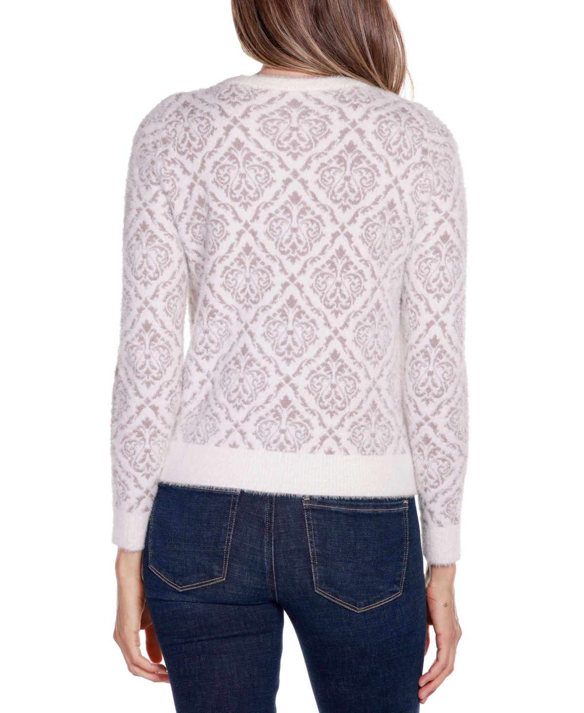 Belldini Women's Black Label Eyelash Jacquard Cardigan Sweater -Mochaccino