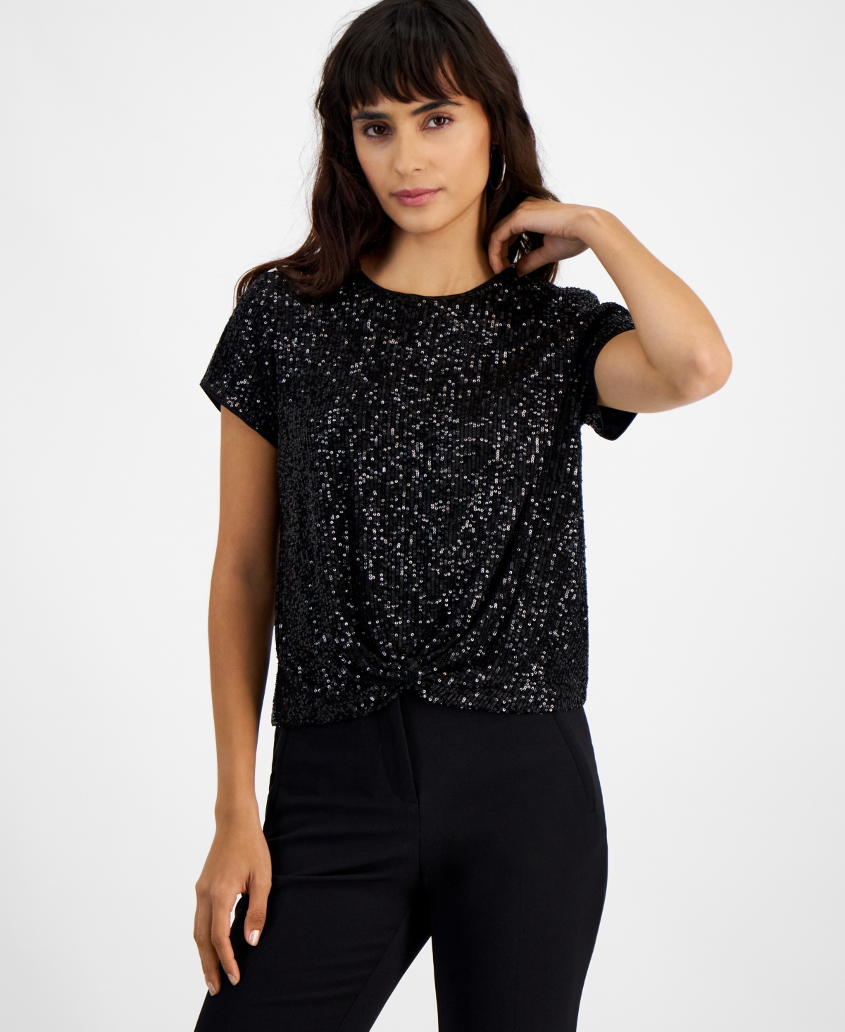 Bar Iii Women's Sequin Short-sleeve Knot-hem Top, Created For Macy's In Black