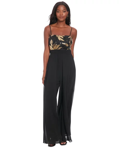 Petite Sequin-Bodice Wide-Leg Jumpsuit - Black Gold
