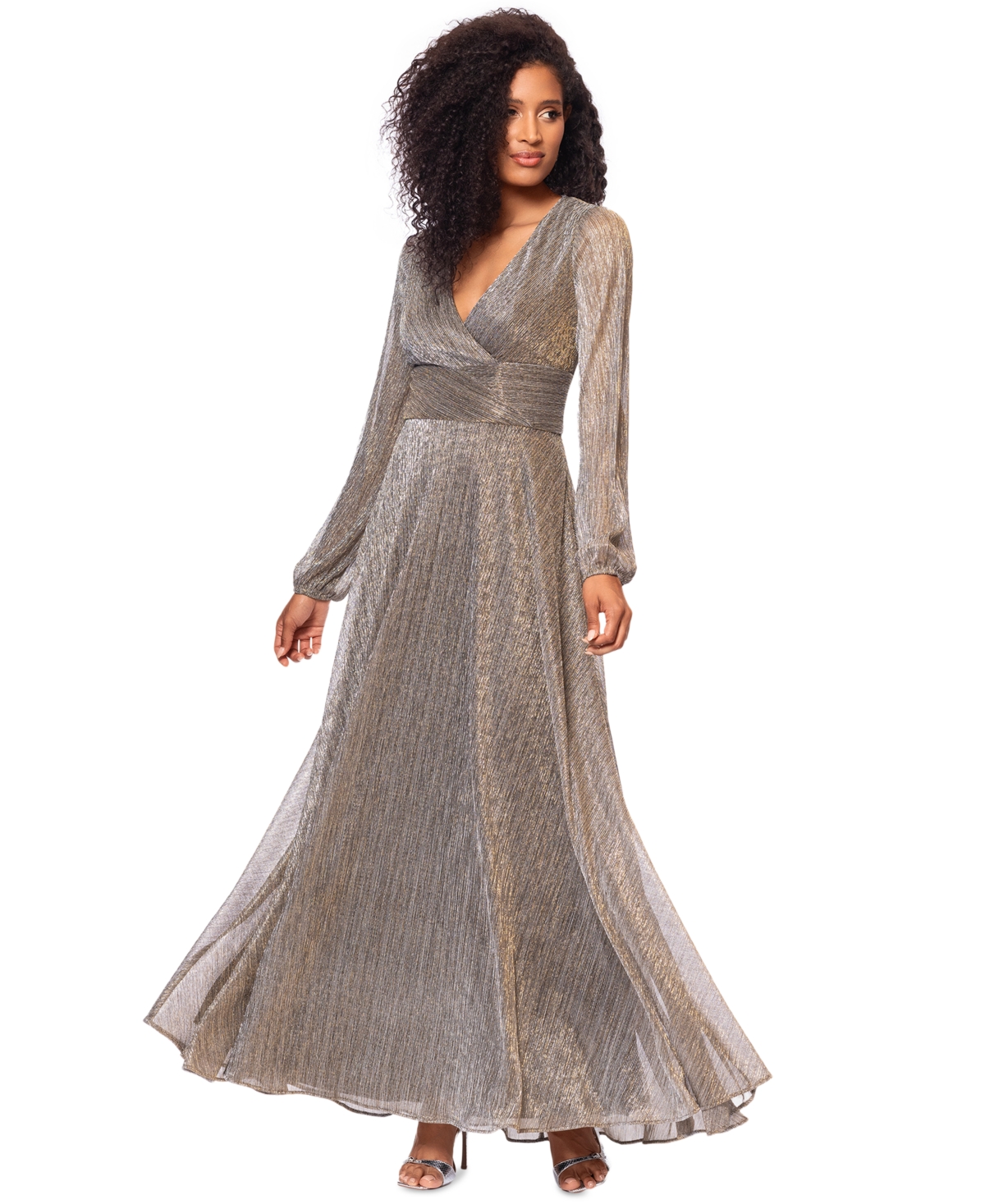 Shop Betsy & Adam Women's Metallic V-neck Long-sleeve Gown In Mocha Gold
