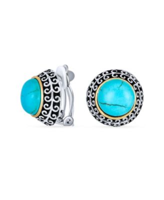 Set of 2 Balinese Button Style Clip-On Earrings in Simulated Turquoise and Onyx