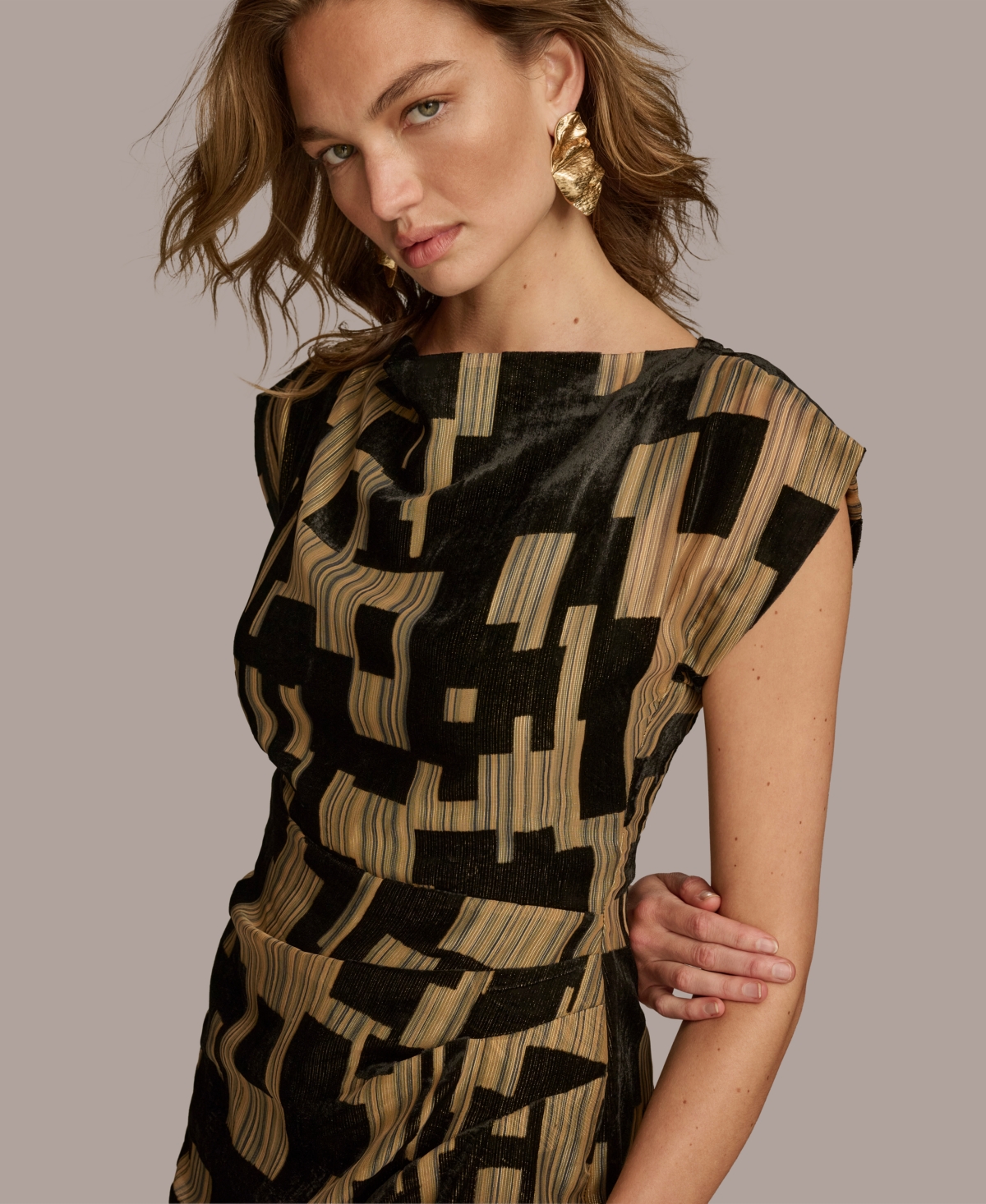 Donna Karan New York Women's Printed Velvet Extended-Shoulder Dress -Gold Multi