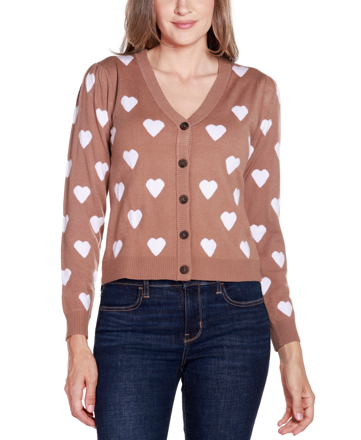 Belldini Women's Hearts Jacquard Cardigan Sweater In Iced Latte Combo