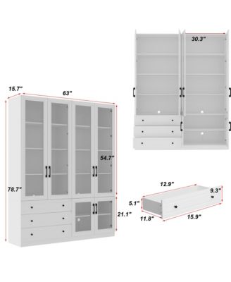White 10-Shelf Accent Bookcase with Glass Doors, LED Lights