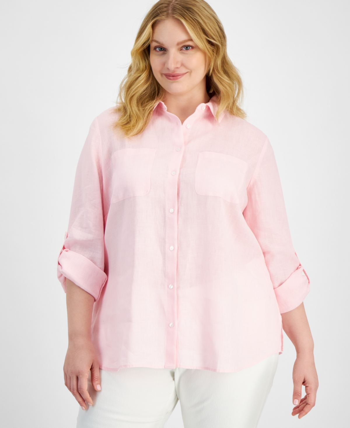 CHARTER CLUB PLUS SIZE 100% LINEN ROLL-TAB SHIRT, EXCLUSIVELY AT MACY'S 