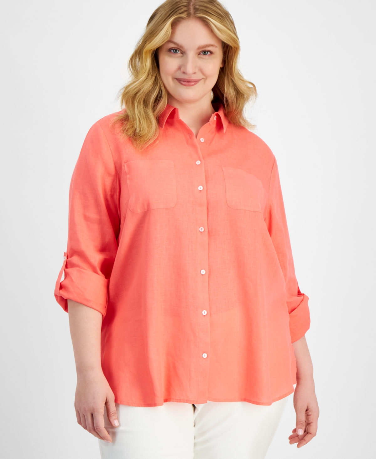 CHARTER CLUB PLUS SIZE 100% LINEN ROLL-TAB SHIRT, EXCLUSIVELY AT MACY'S 